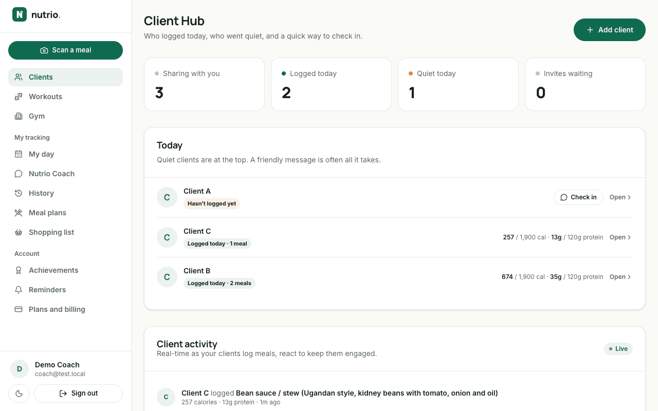 Nutrio Client Hub on a laptop: today’s list showing which example clients logged meals and which went quiet, with a Check in button