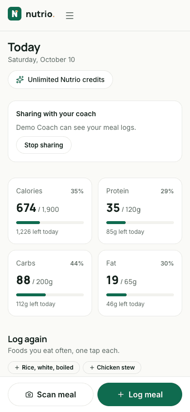 Nutrio on a phone: an example client’s day with calories, protein, carbs and fat against targets, and the meals they logged by photo